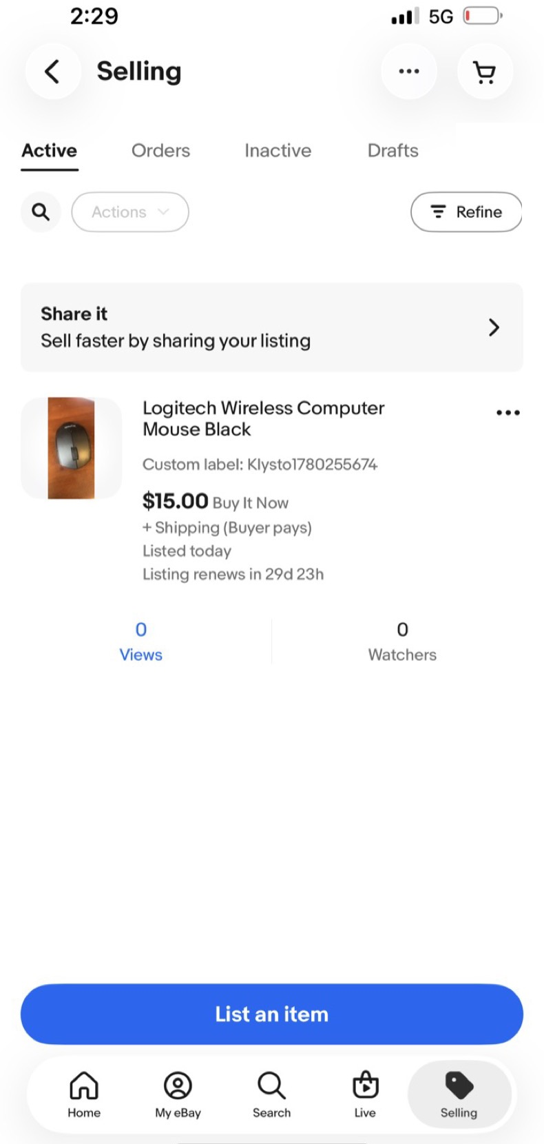 eBay Selling screen showing a Klysto-posted listing live