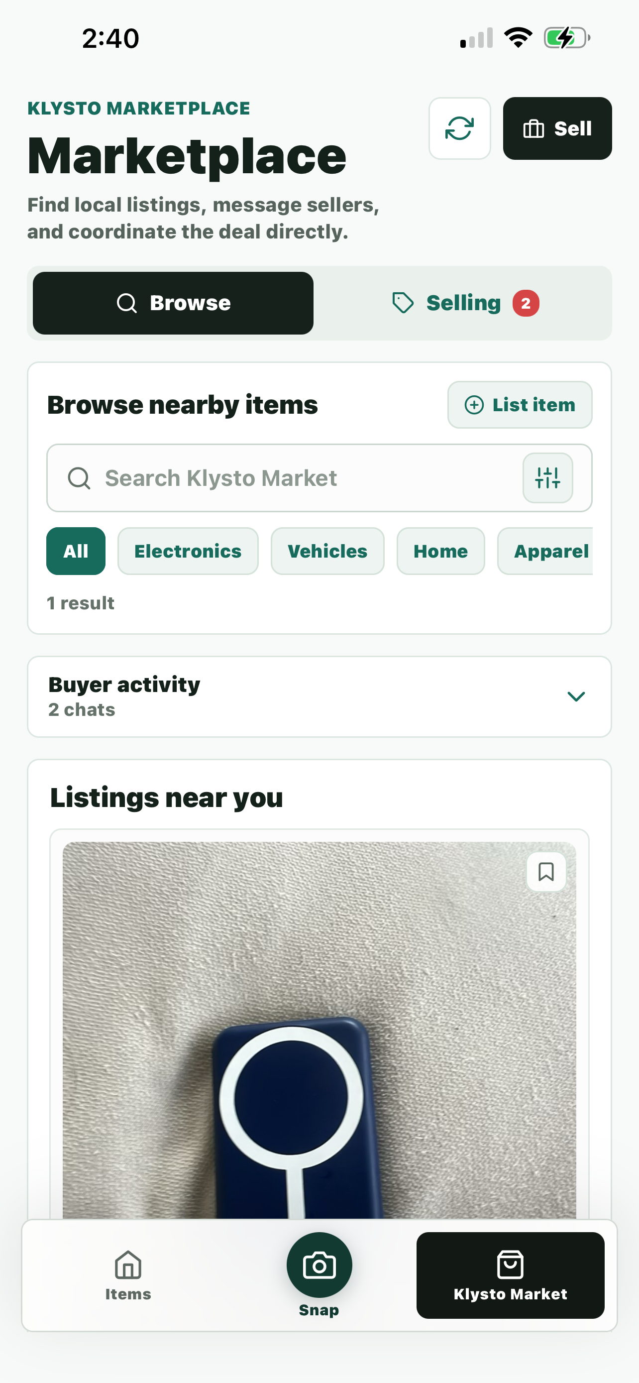 Klysto Marketplace selling tab with local listing controls
