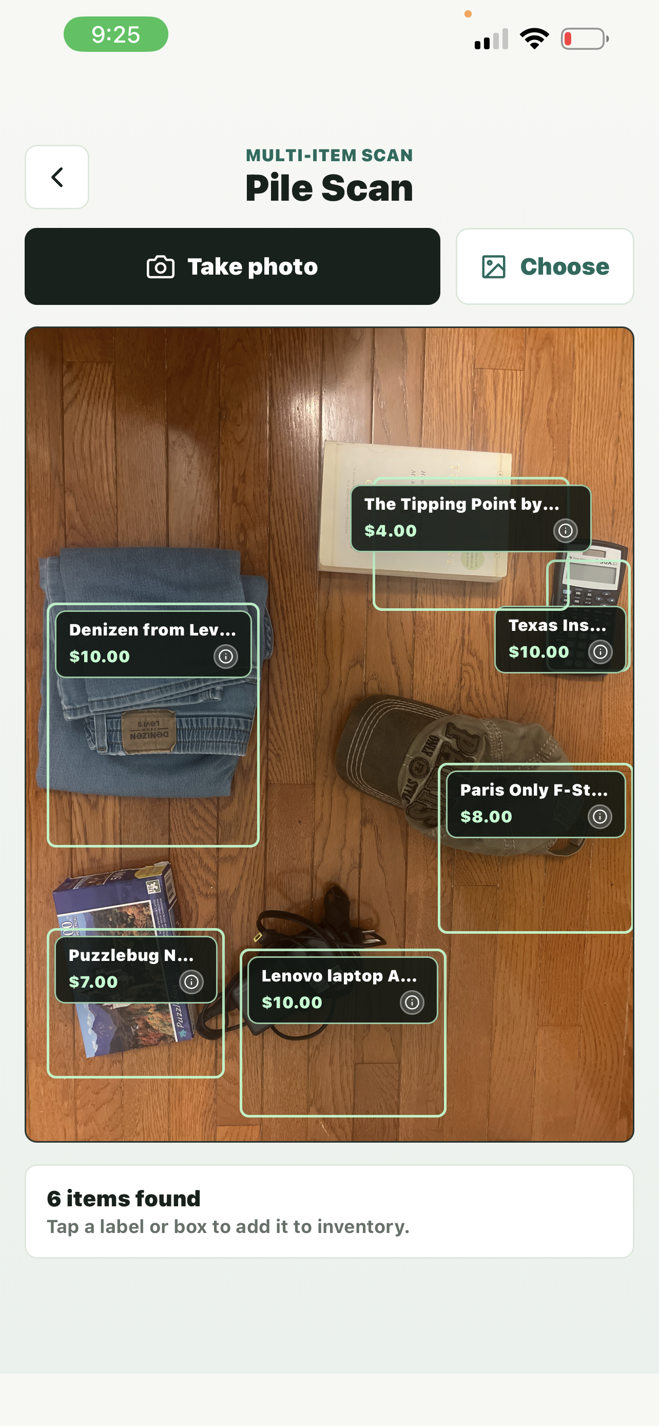 Klysto Pile Scan screen labeling six separate items in one photo