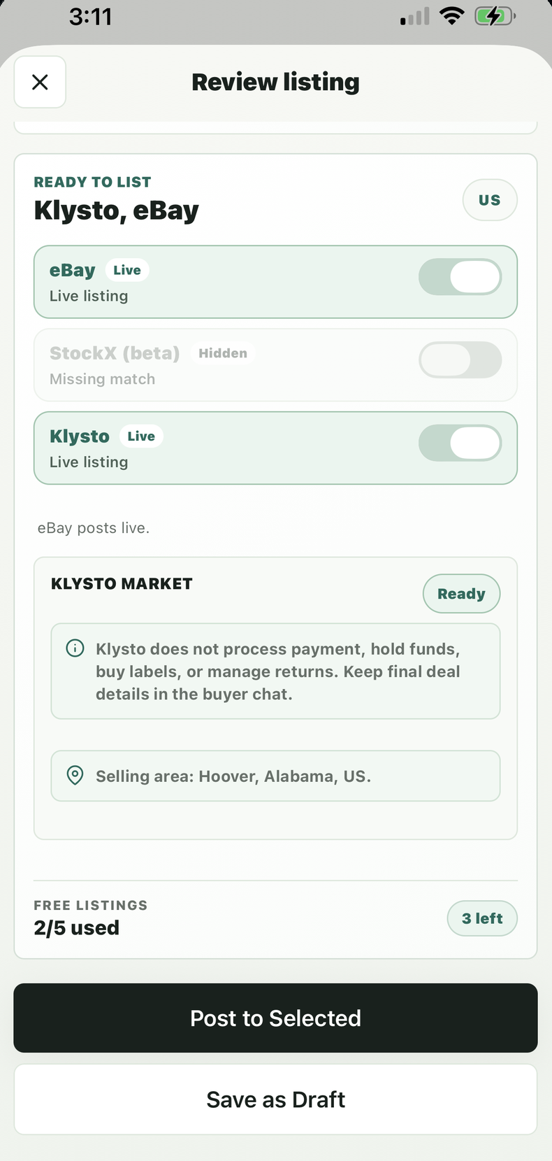 Klysto Review listing screen with marketplace posting toggles