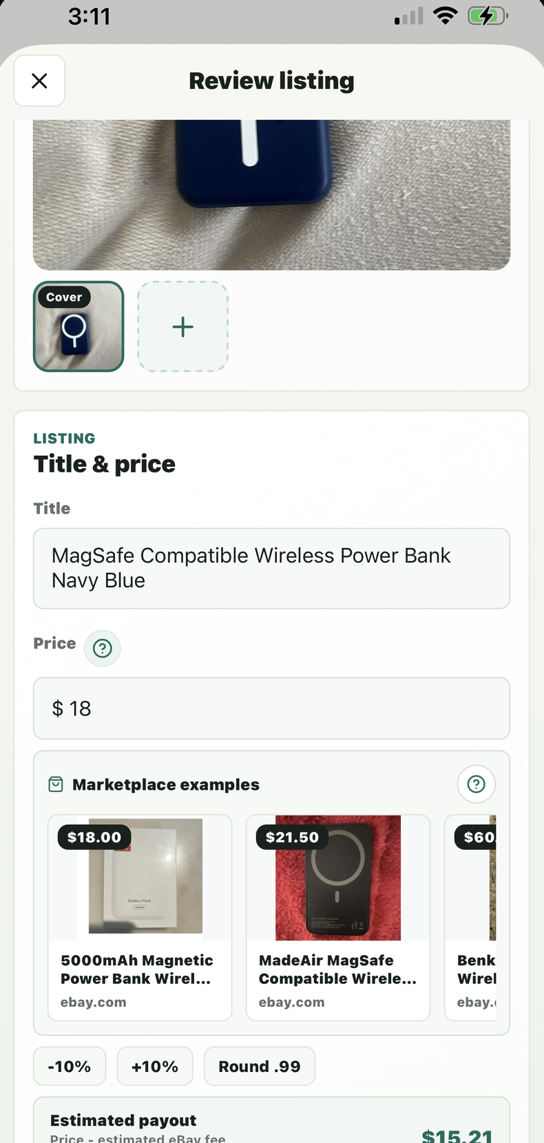 Klysto Review screen showing marketplace price examples