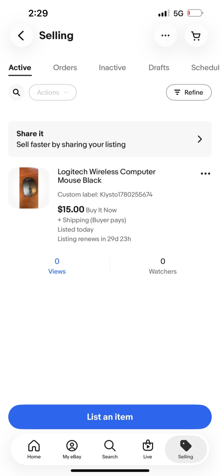 eBay selling screen with a Klysto listing live