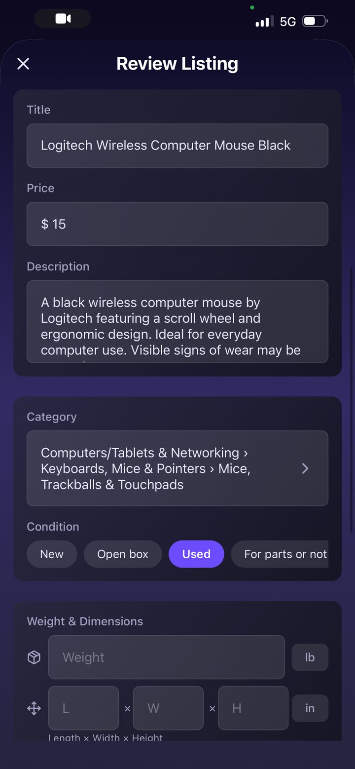 Klysto review listing screen with item photo and editable fields