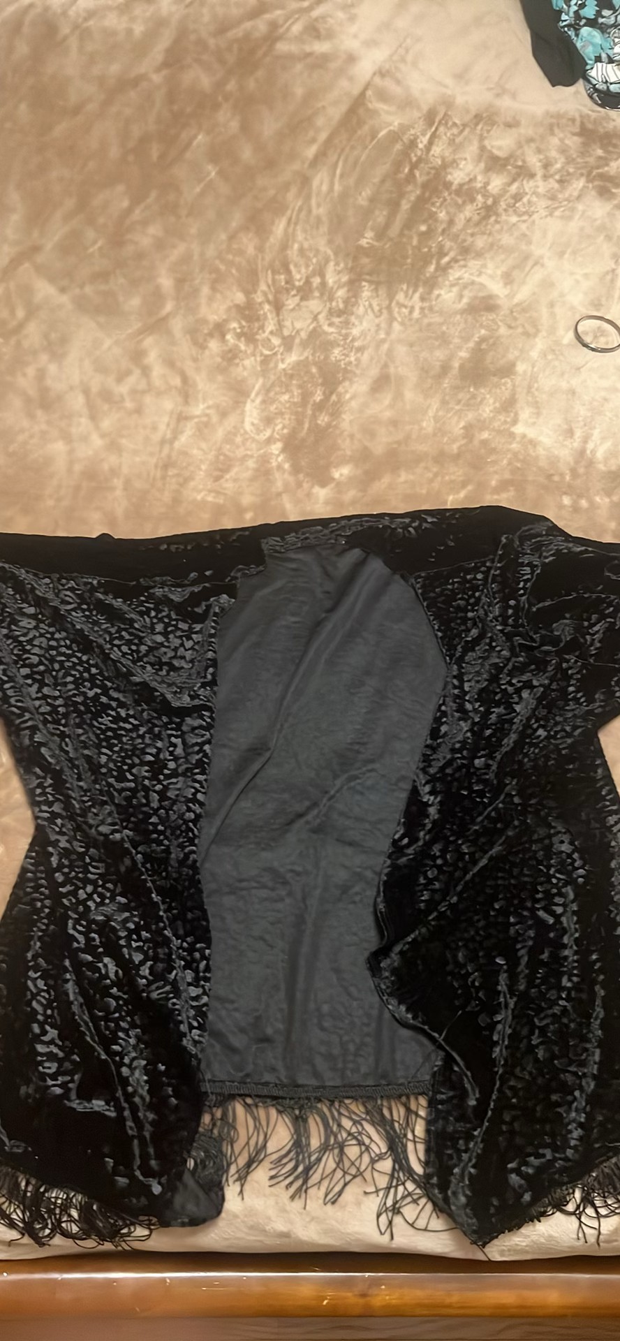 Black Crushed Velvet Open Front Kimono Shawl with Fringe Trim