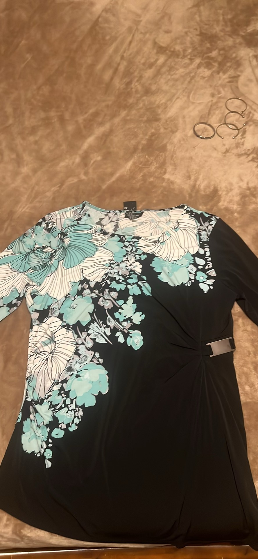 Floral Print Black Long Sleeve Dress with Tie Detail, Size XL